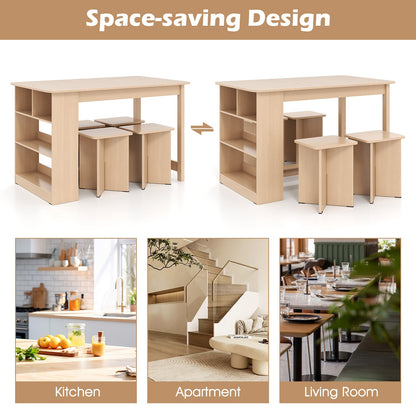 5 Pieces Dining Table Set with Storage Shelf and 4 Stools