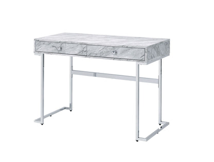 White Faux Marble Writing Desk with Storage Drawers - White