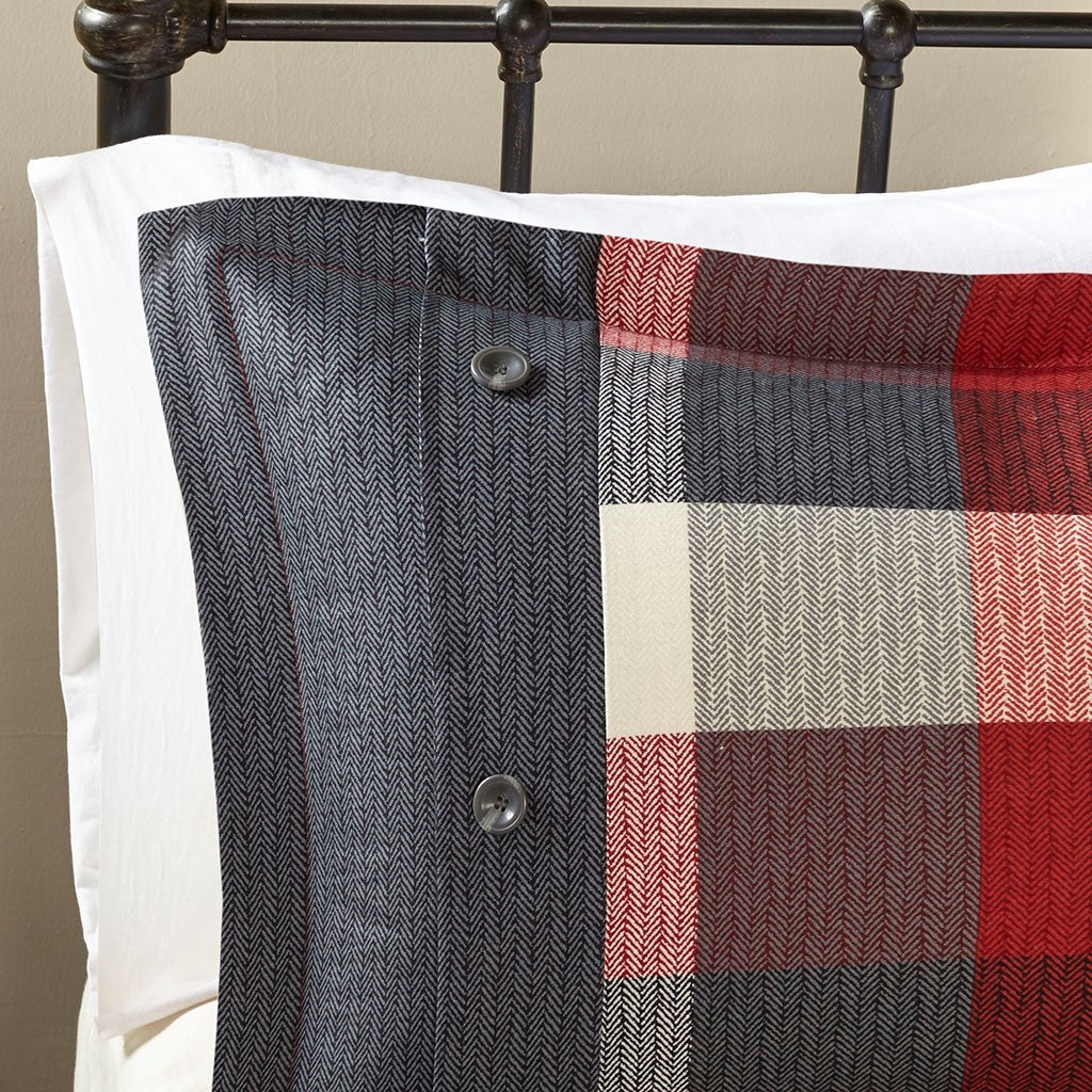Red Herringbone King Comforter Set with Buffalo Plaid Pattern - 7 Piece