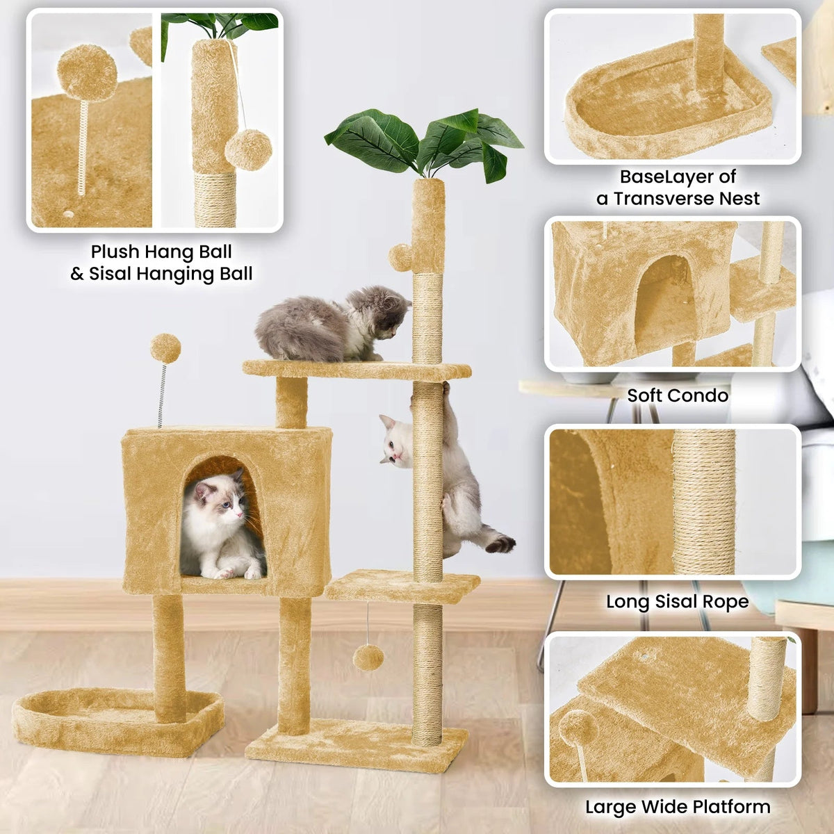 52" Cat Tree with Scratching Posts, Plush Perches & Cozy House