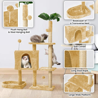 52" Cat Tree with Scratching Posts, Plush Perches & Cozy House
