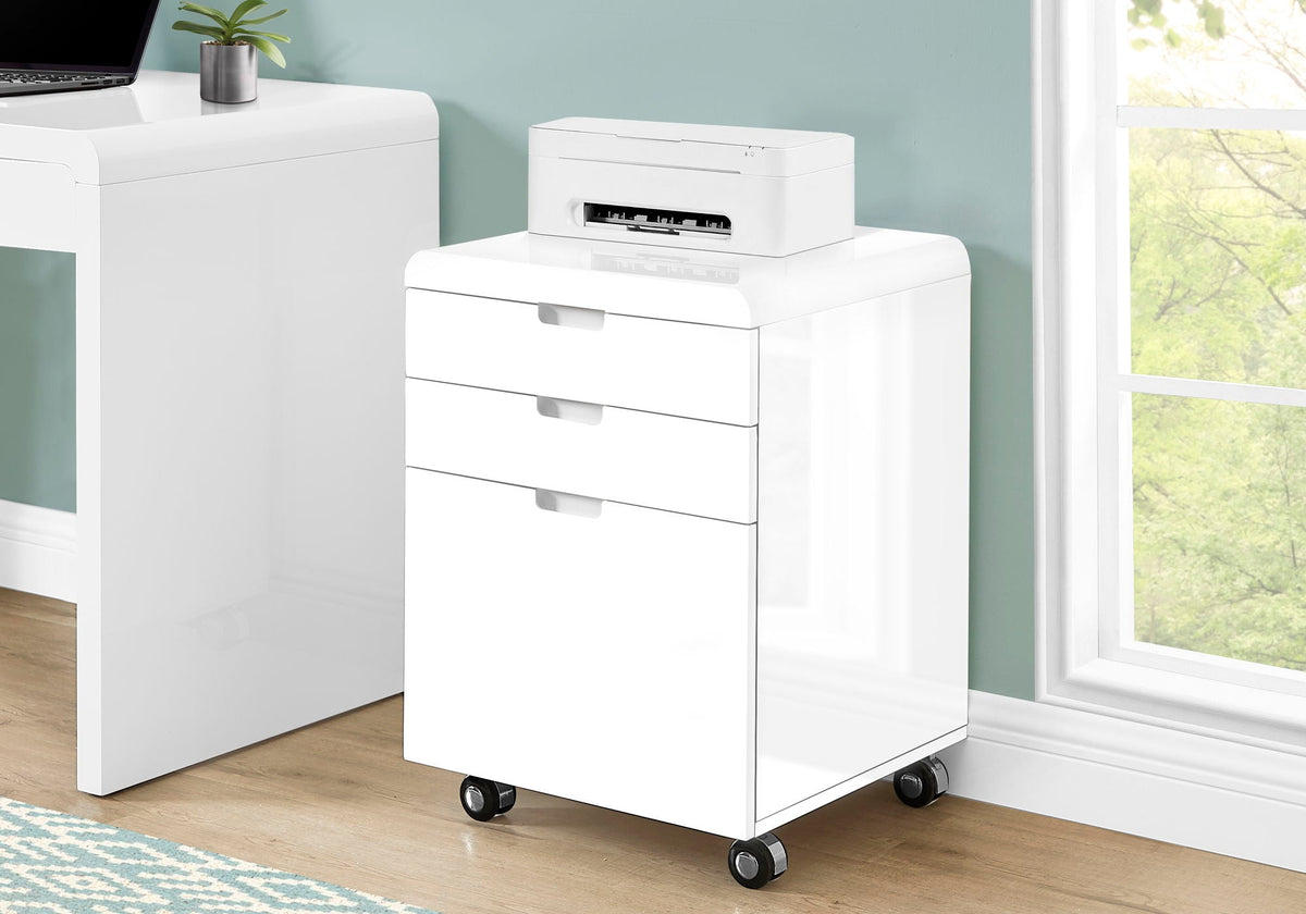 White Wood Rolling File Cabinet with Locking Storage Drawers - White