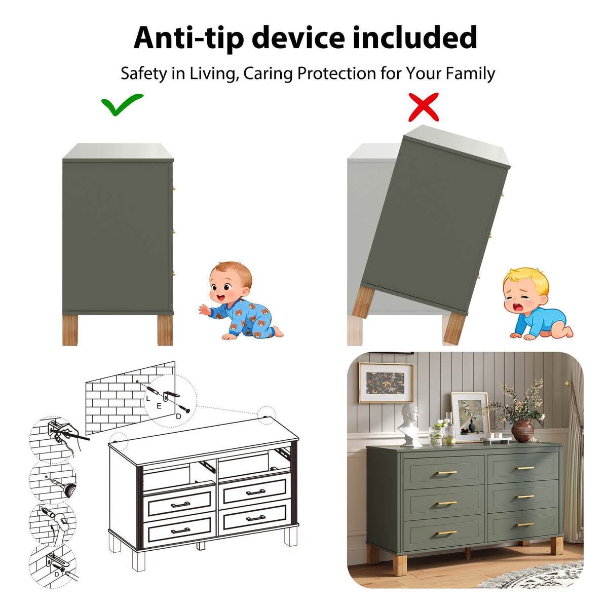 6-Drawer Double Dresser with Solid Wood Legs - Olive