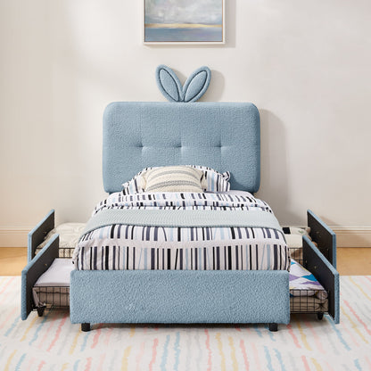 Twin Size Kids Upholstered Bed with Rabbit Ear Headboard & Storage - White Boucle