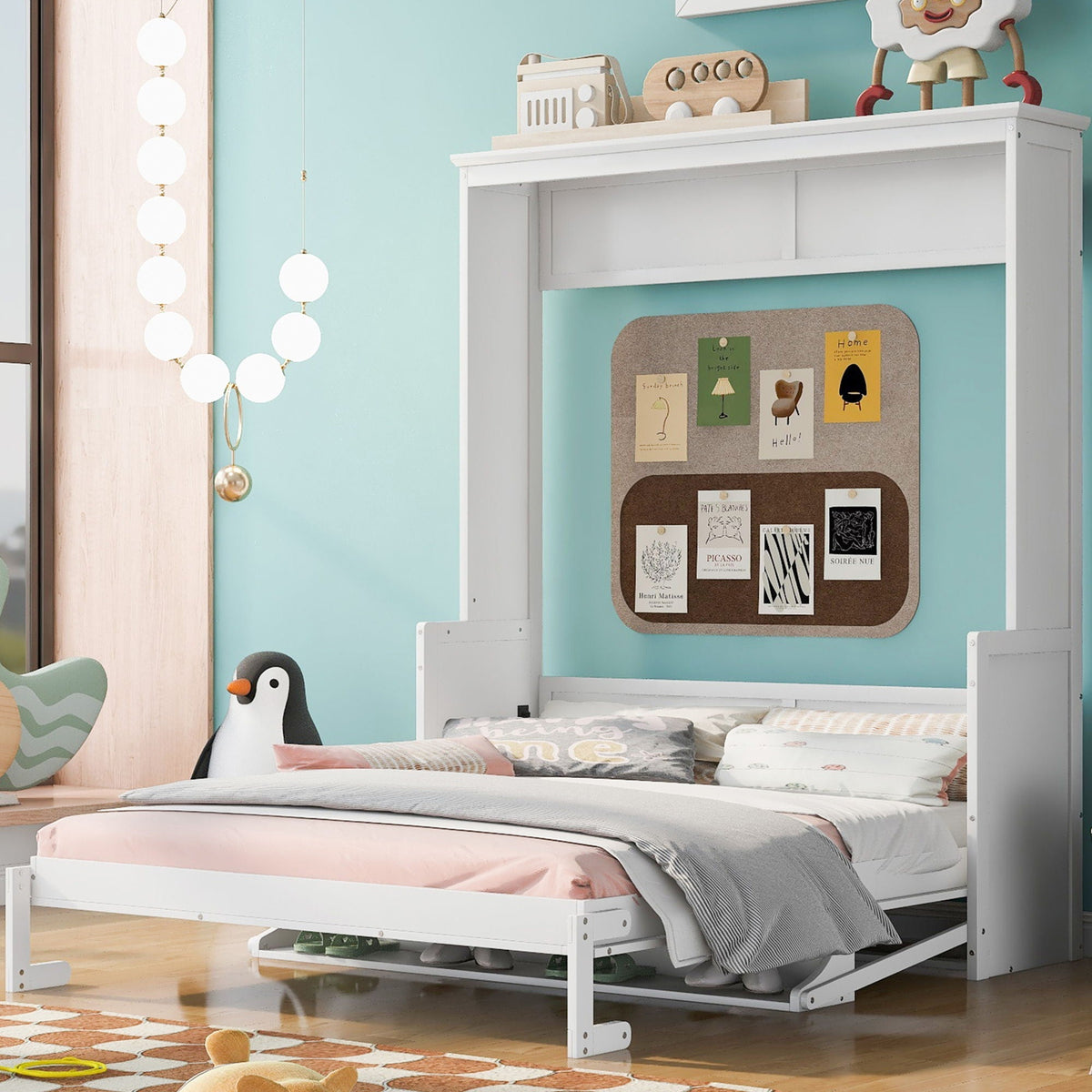 Queen Murphy Bed with Shelf - Solid Pine Cabinet, 600 lb Capacity