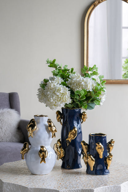 White Two-Tiered Ceramic Vase with Gold Bird Accents - 14" Height