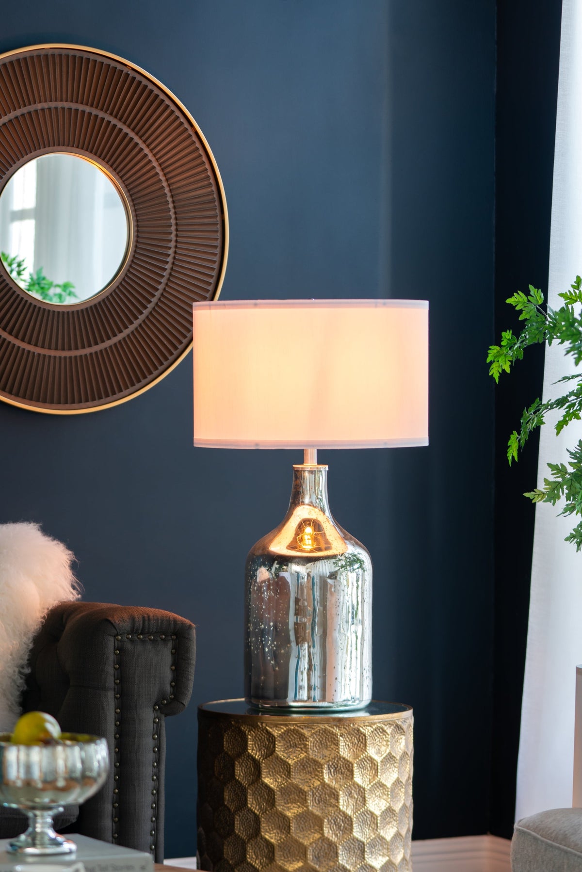 Silver Round Table Lamp with White Fabric Shade
