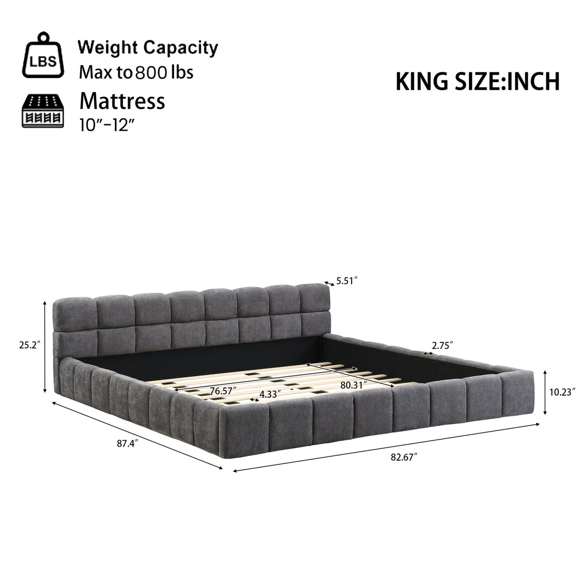Elegant Upholstered Bed with Checkerboard Headboard - Dark Gray