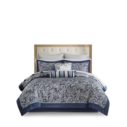 Navy 12 Piece Comforter Set with Cotton Bed Sheets - Queen, Paisley Jacquard