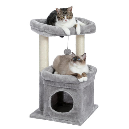 Cozy Gray Cat Tree Condo - 27" Multi-Level Tower with Spacious Perch and Scratching Posts for Kittens and Medium Cats