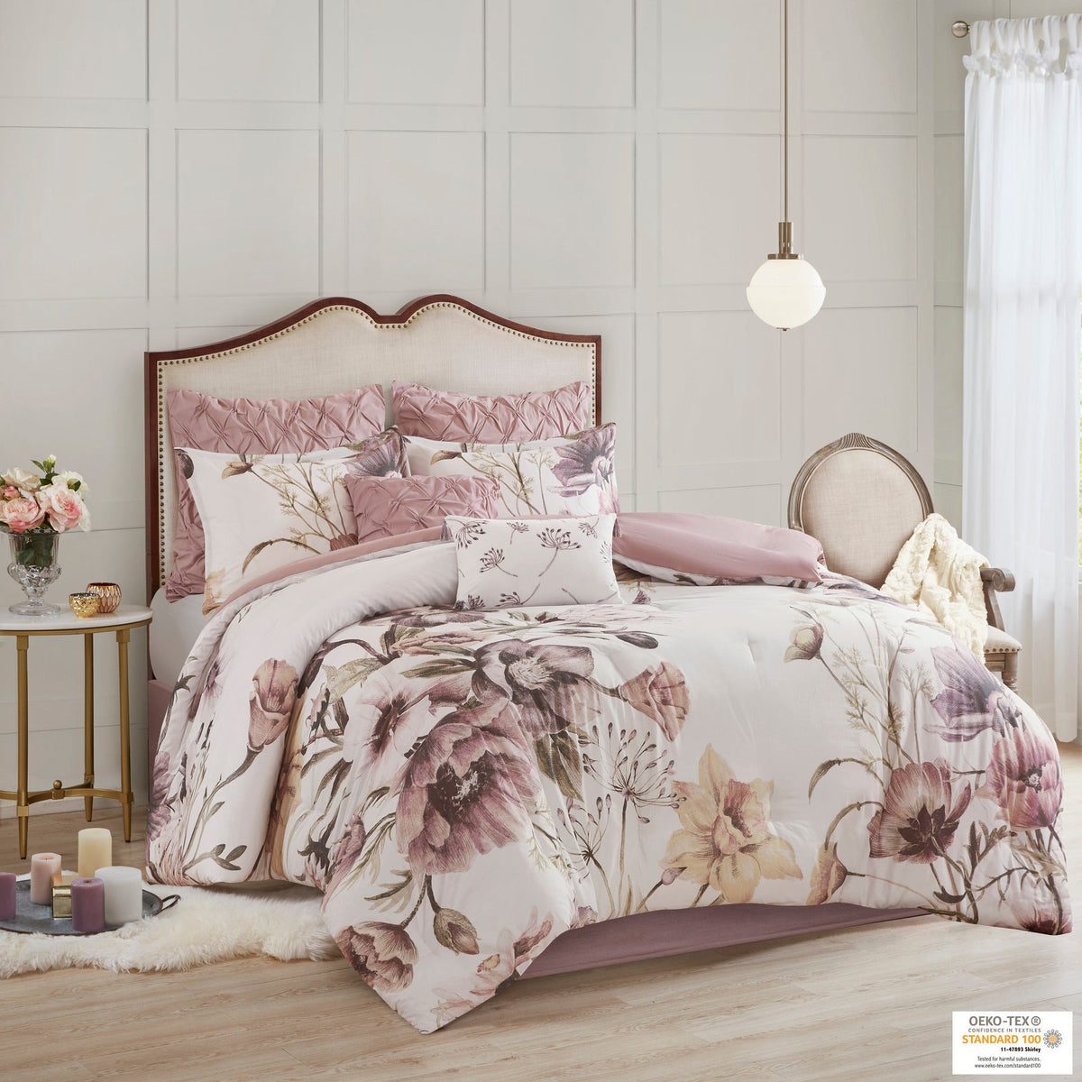 8 Piece Cotton Printed Comforter Set with Embroidered Pillows - Blush