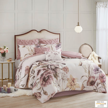 8 Piece Cotton Printed Comforter Set with Embroidered Pillows - Blush
