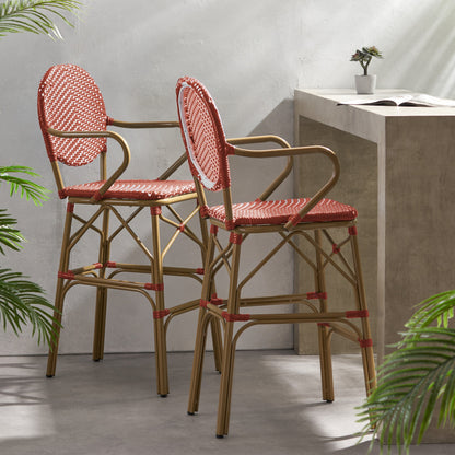 Outdoor Wicker and Aluminum French Barstools, Set of 2 with Rust-Resistant Frame - Natural