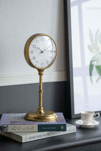 Vintage Inspired Gold Iron Table Clock with Pedestal Design - Gold