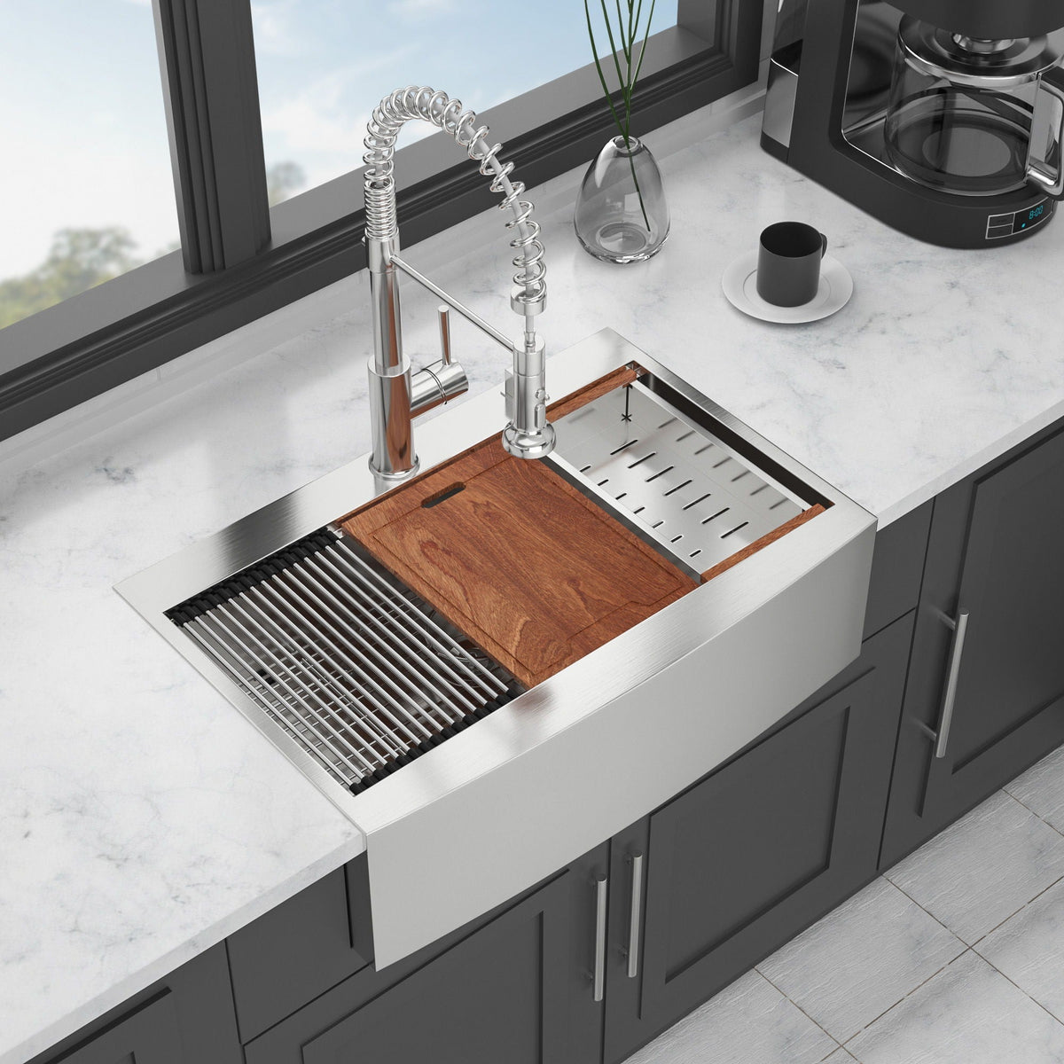 Modern Farmhouse Drop-In Workstation Kitchen Sink with Apron Front - Gray