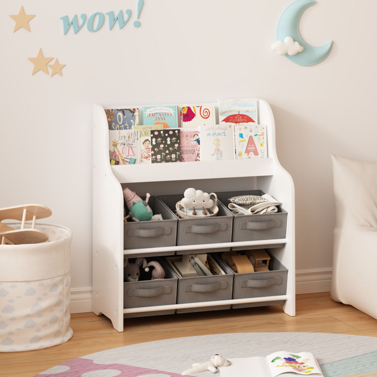 Children's Bookcase with 6 Storage Bins - Multi Functional Organizer - White