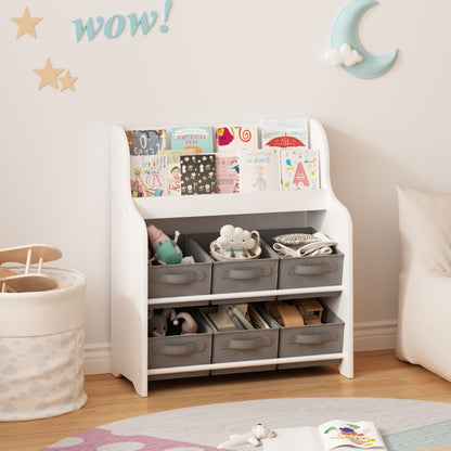 Children's Bookcase with 6 Storage Bins - Multi Functional Organizer - White