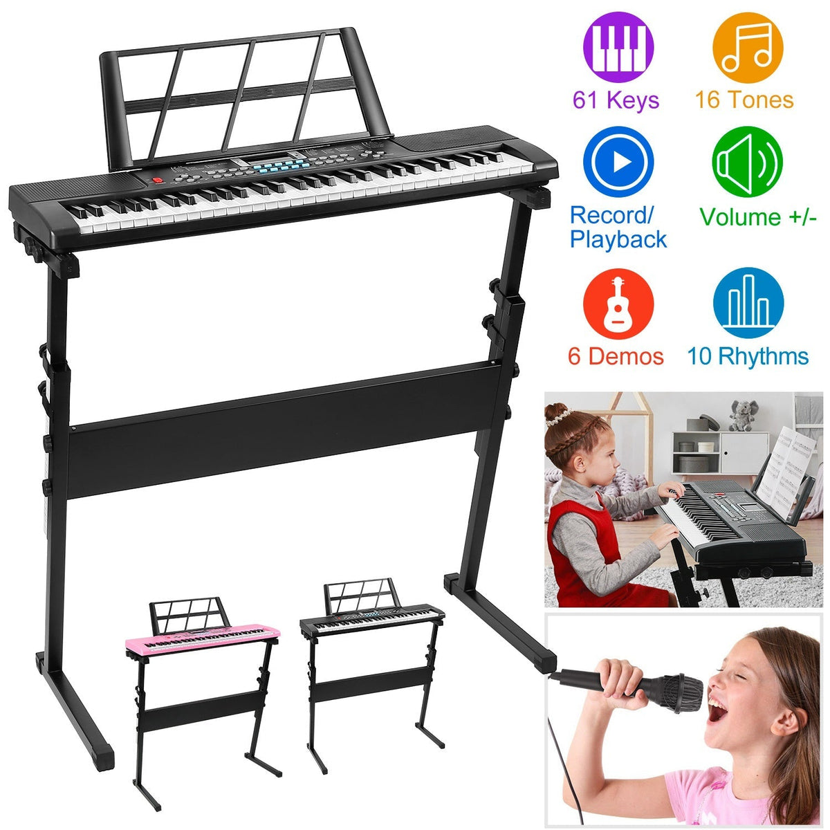 61 Keys Digital Music Electronic Keyboard Electric Musical Piano Instrument Kids Learning Keyboard w/ Stand Microphone For Beginners