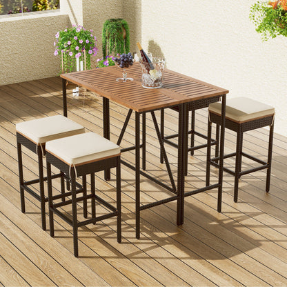 Acacia Wood Outdoor Bar Height Table Set with Cushioned Stools - Light Brown