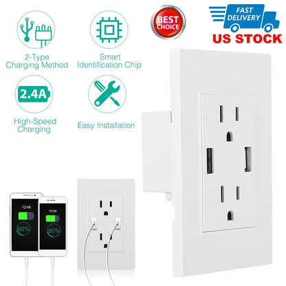 USB Wall Outlet Dual 2.4A USB Wall Charger High Speed Duplex Wall Socket US Standard