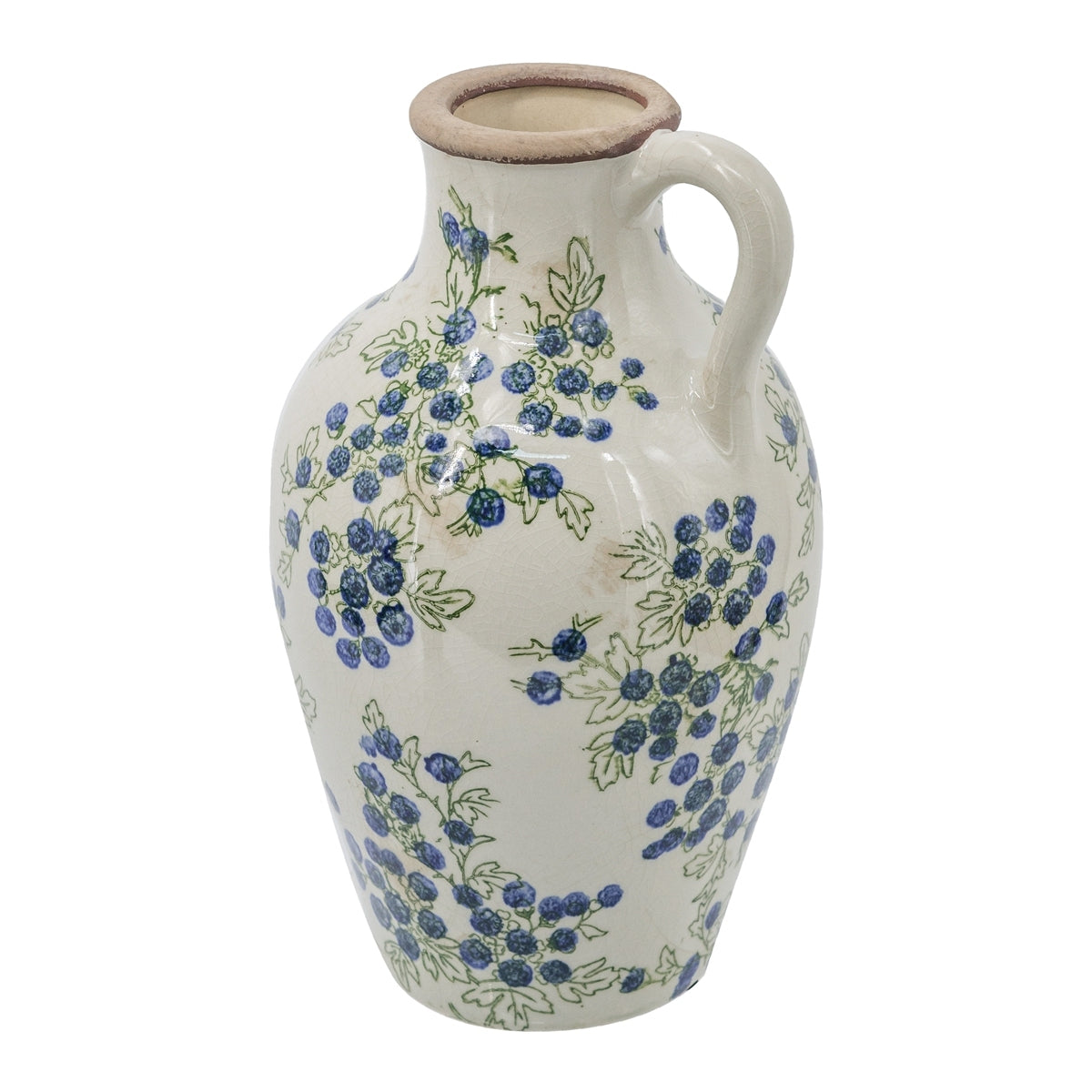 White Ceramic Vase with Blueberry Motif - Multicolor