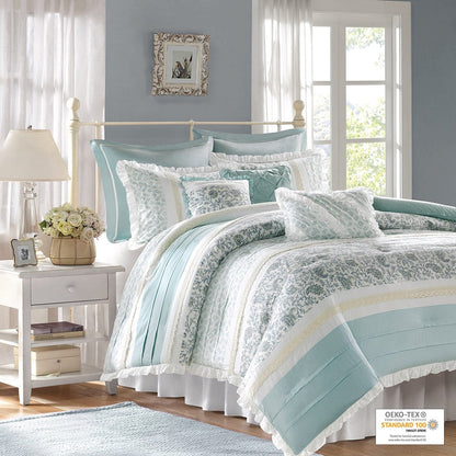 9 Piece Cotton Percale Comforter Set with Decorative Pillows - Aqua