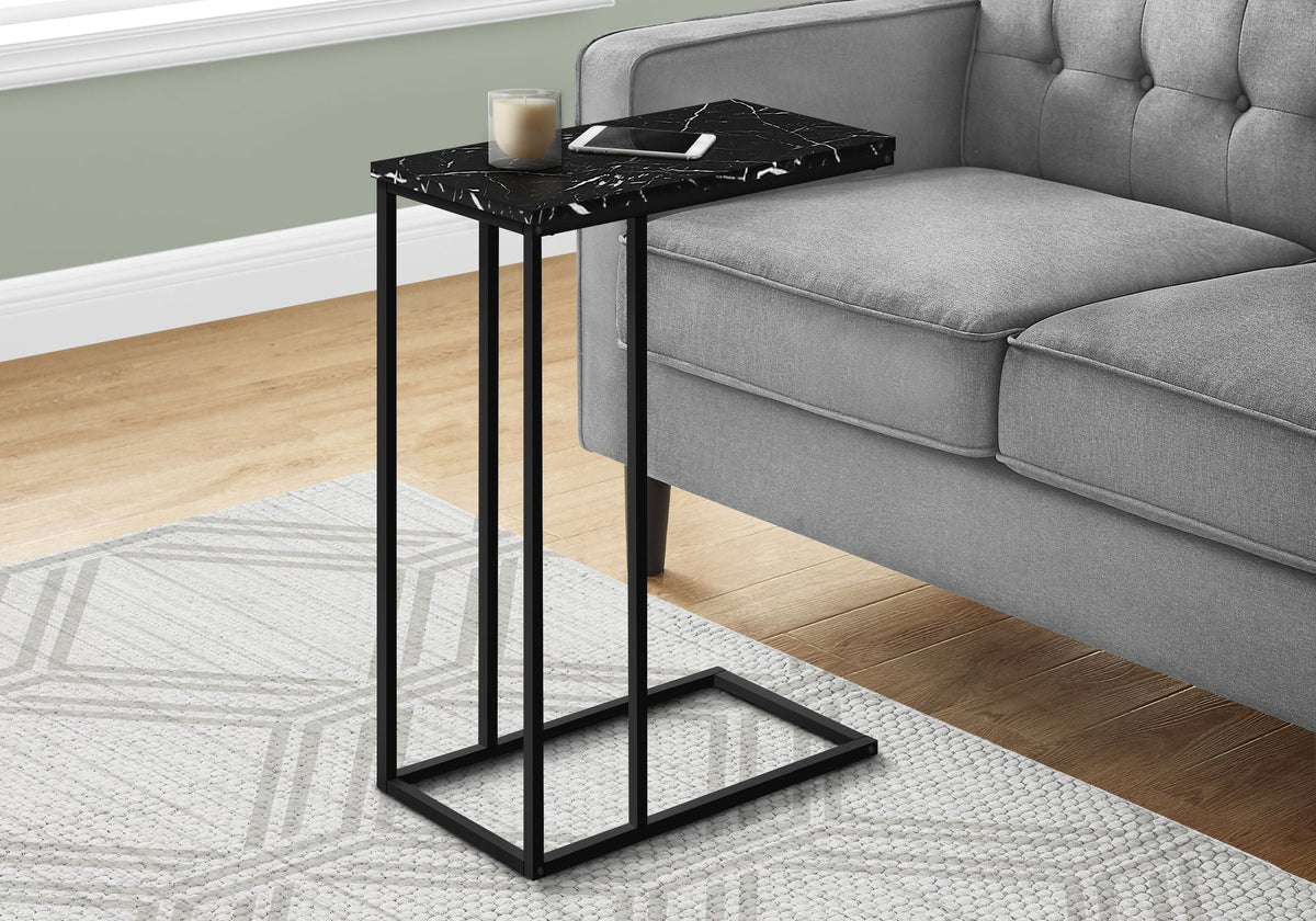 Black C-Shaped Accent Table with Marble-Look Top - Modern Metal Base