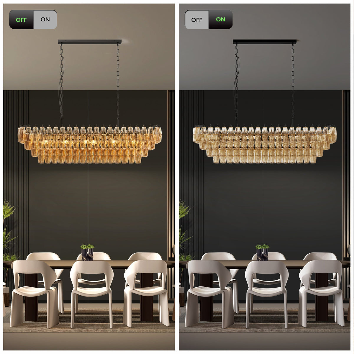 54-Inch Black Rectangular 12-Light Chandelier with Smoke Glass - Black