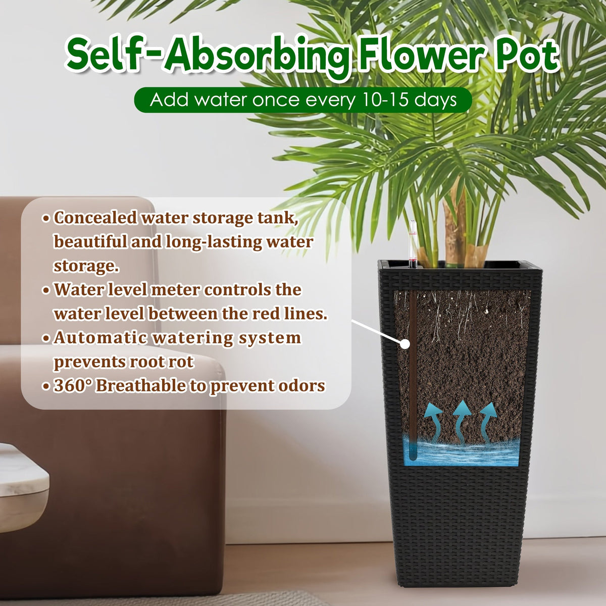 Square Planters with Automatic Watering System - Faux Rattan, Pack of 2