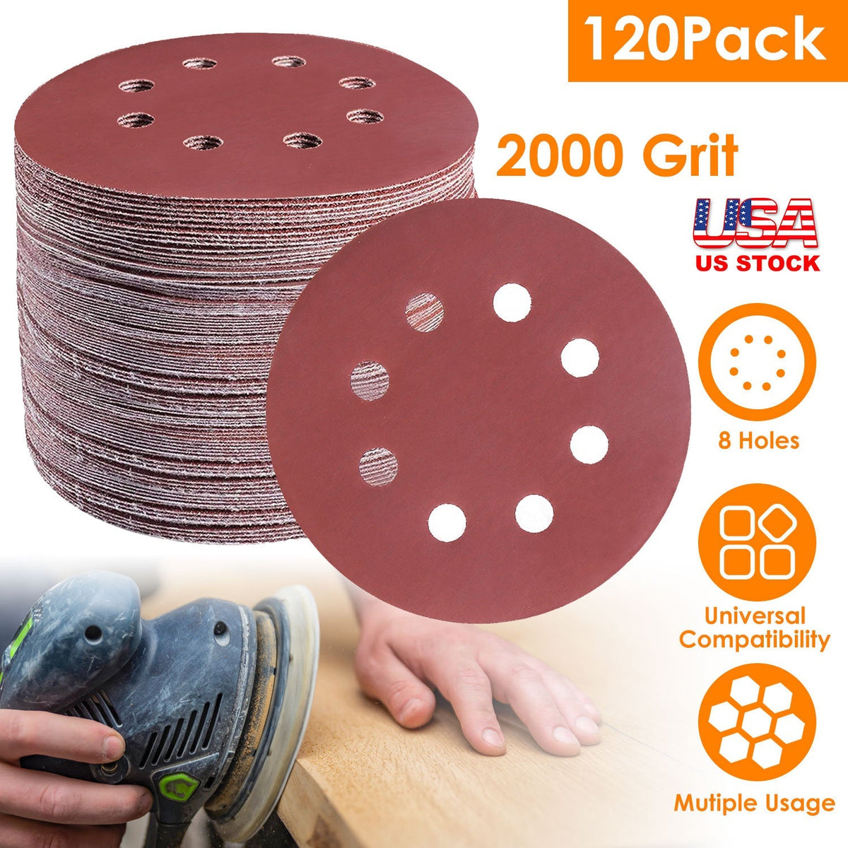 120Pack 5 Inch 8 Hole Round Sandpapers Random Orbital Sander Pads Sanding Discs 2000Grit
