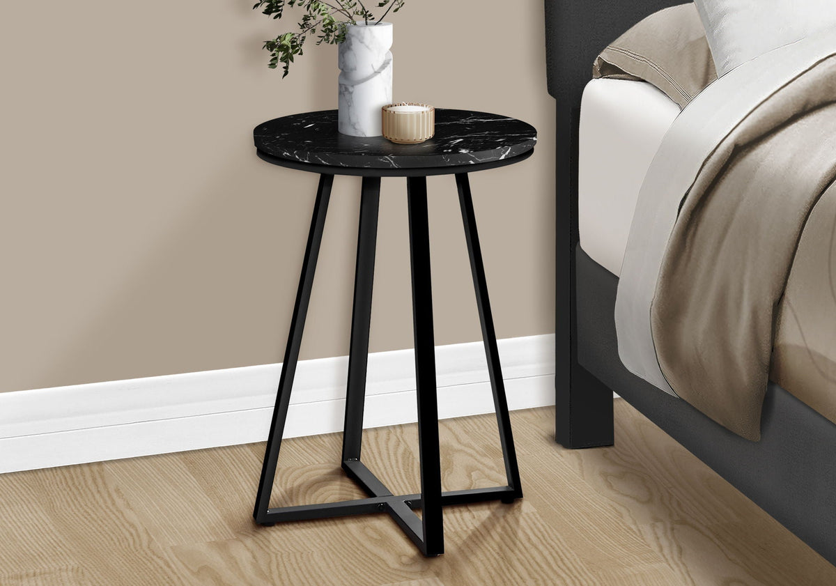Accent Table Side Round Marble Look with Metal Base - Black