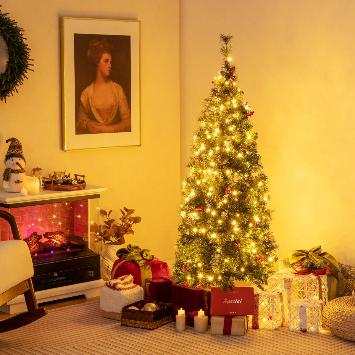 5/6/7/8/9 FT Pre-Lit Artificial Hinged Slim Pencil Christmas Tree