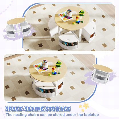 5 Piece Toddler Round Nesting Table with 4 Storage Stools for Activity