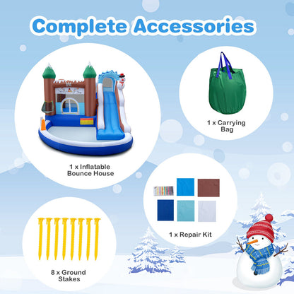 6-in-1 Winter Theme Snowman Inflatable Castle with Slide and Trampoline without Blower