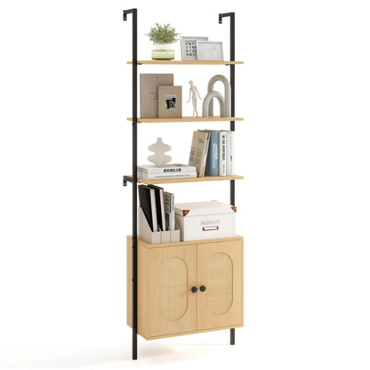 72.5 Inch 6-Tier Wall Mounted Ladder Bookshelf with Rattan Cabinet-Natural
