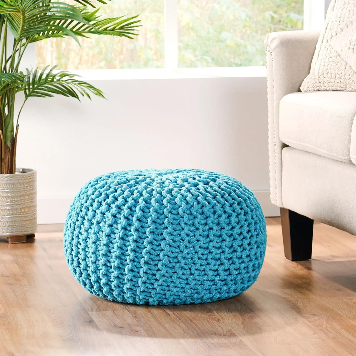 Knitted Round Pouf Ottoman with Pumpkin Shape - Light Blue or Dark Brown