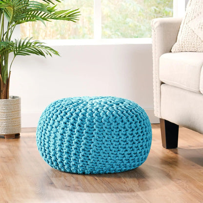 Knitted Round Pouf Ottoman with Pumpkin Shape - Light Blue or Dark Brown