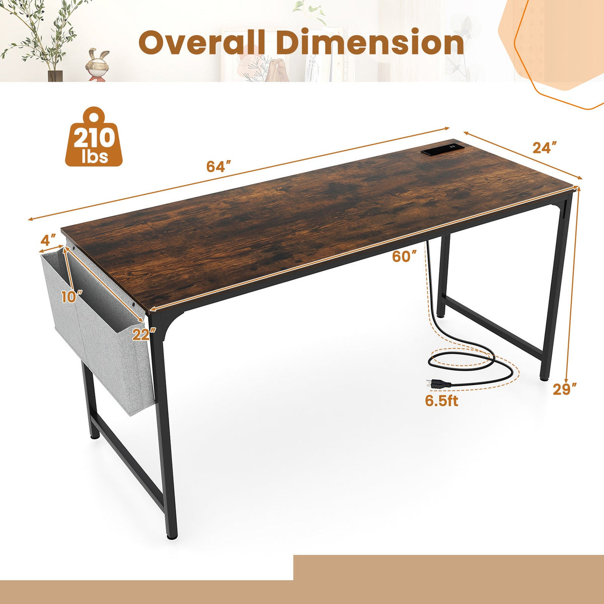 60 Inch Computer Desk with Charging Station Storage Bag