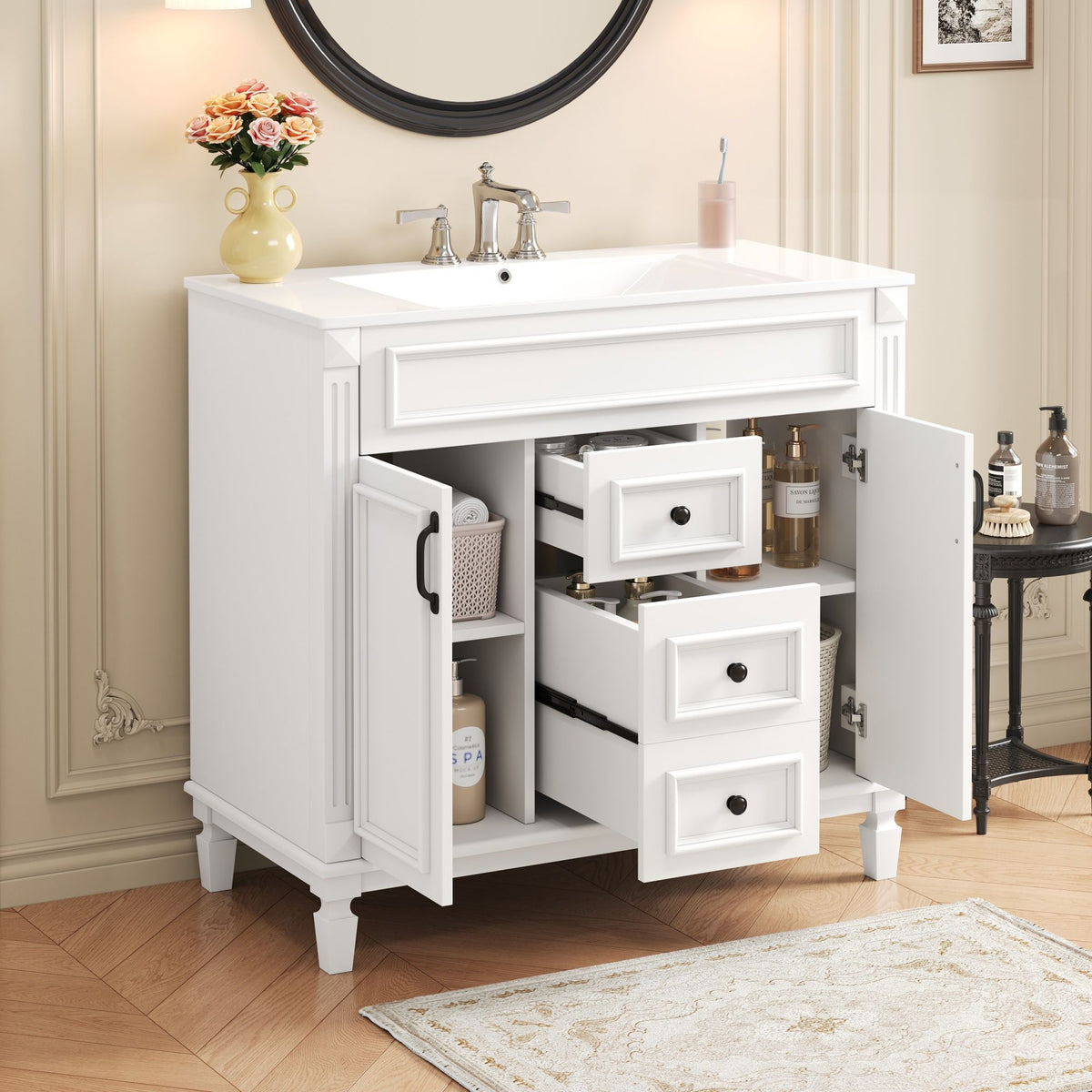 Bathroom Vanity with Ceramic Sink and Soft-Closing Storage - Dark Gray, White, or Black