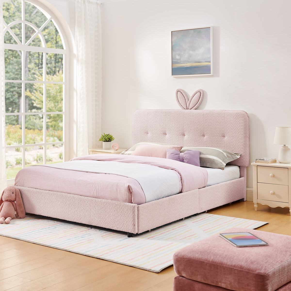 Queen Size Kids Upholstered Bed with Rabbit Ear Headboard & Storage - Boucle