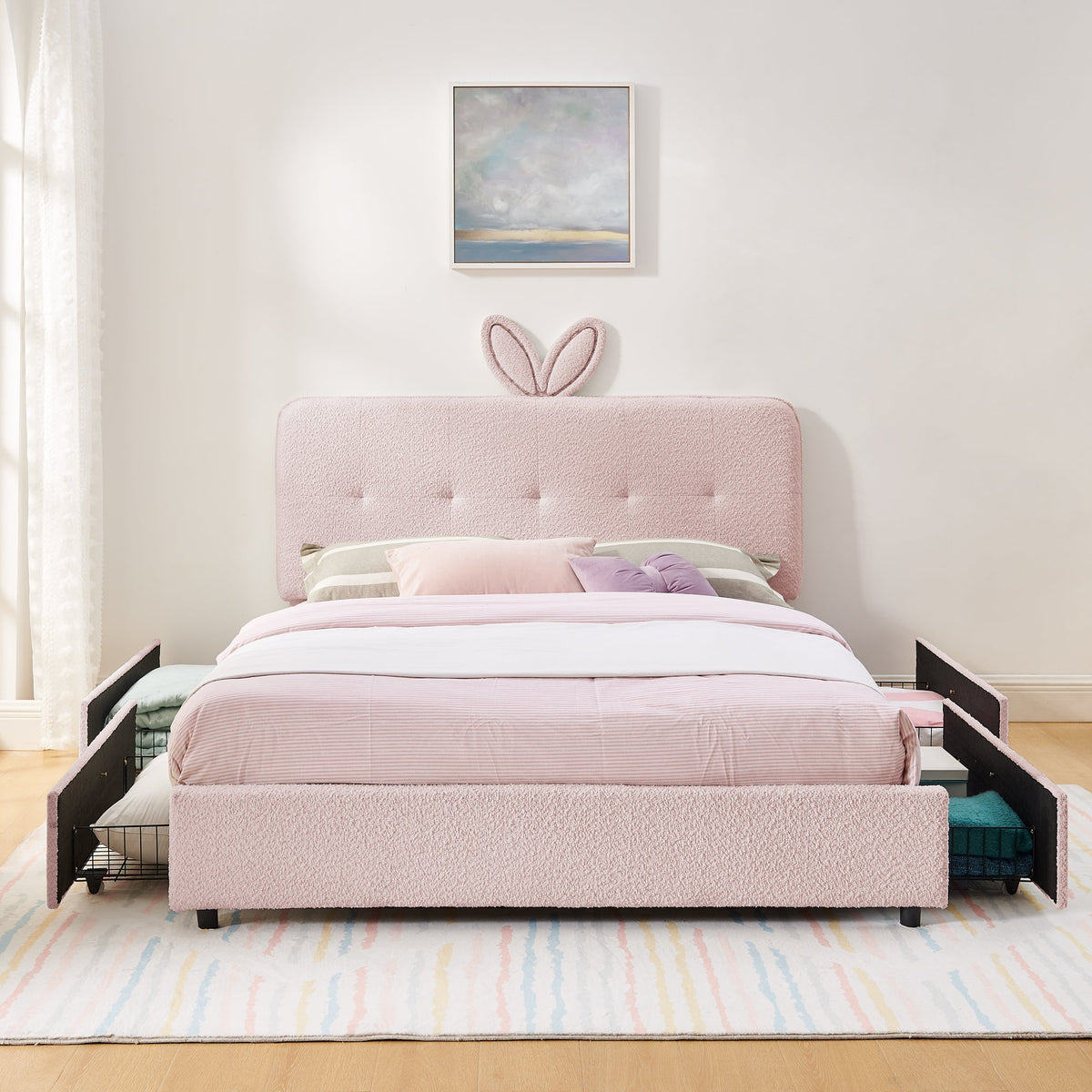 Queen Size Kids Upholstered Bed with Rabbit Ear Headboard & Storage - Boucle