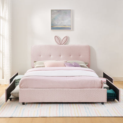 Queen Size Kids Upholstered Bed with Rabbit Ear Headboard & Storage - Boucle