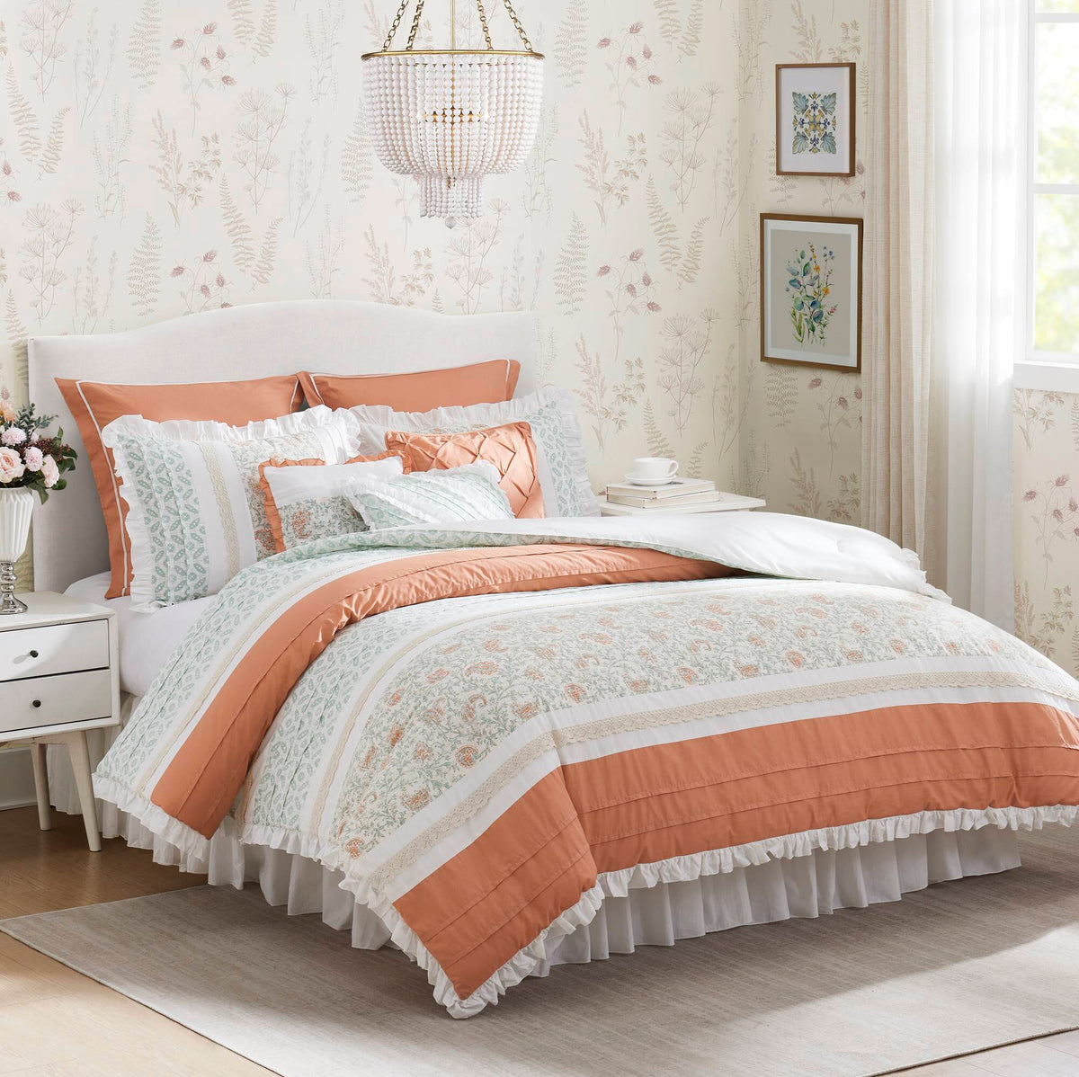 Coral Cotton Percale Comforter Set with Pintucking and Lace Taping - Queen