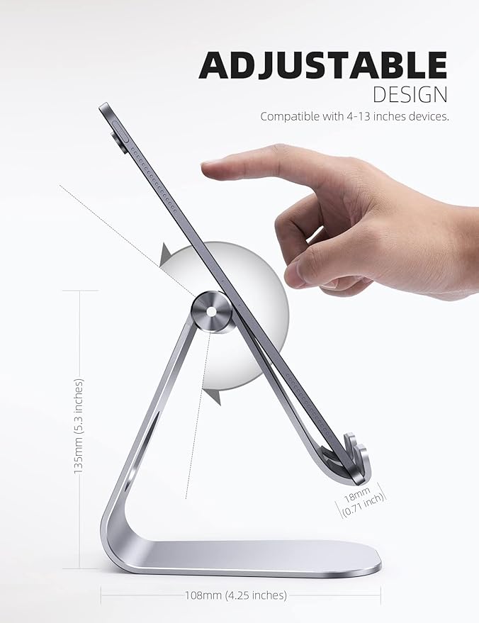 Lamicall Tablet Stand, Adjustable Tablet Holder - Desktop Stand Dock Holder Compatible with 4-13" Tablets Such as iPad Pro 11, 9.7, 10.5, 12.9 Air Mini 4 3 2, Kindle, Nexus, Tab, Silver