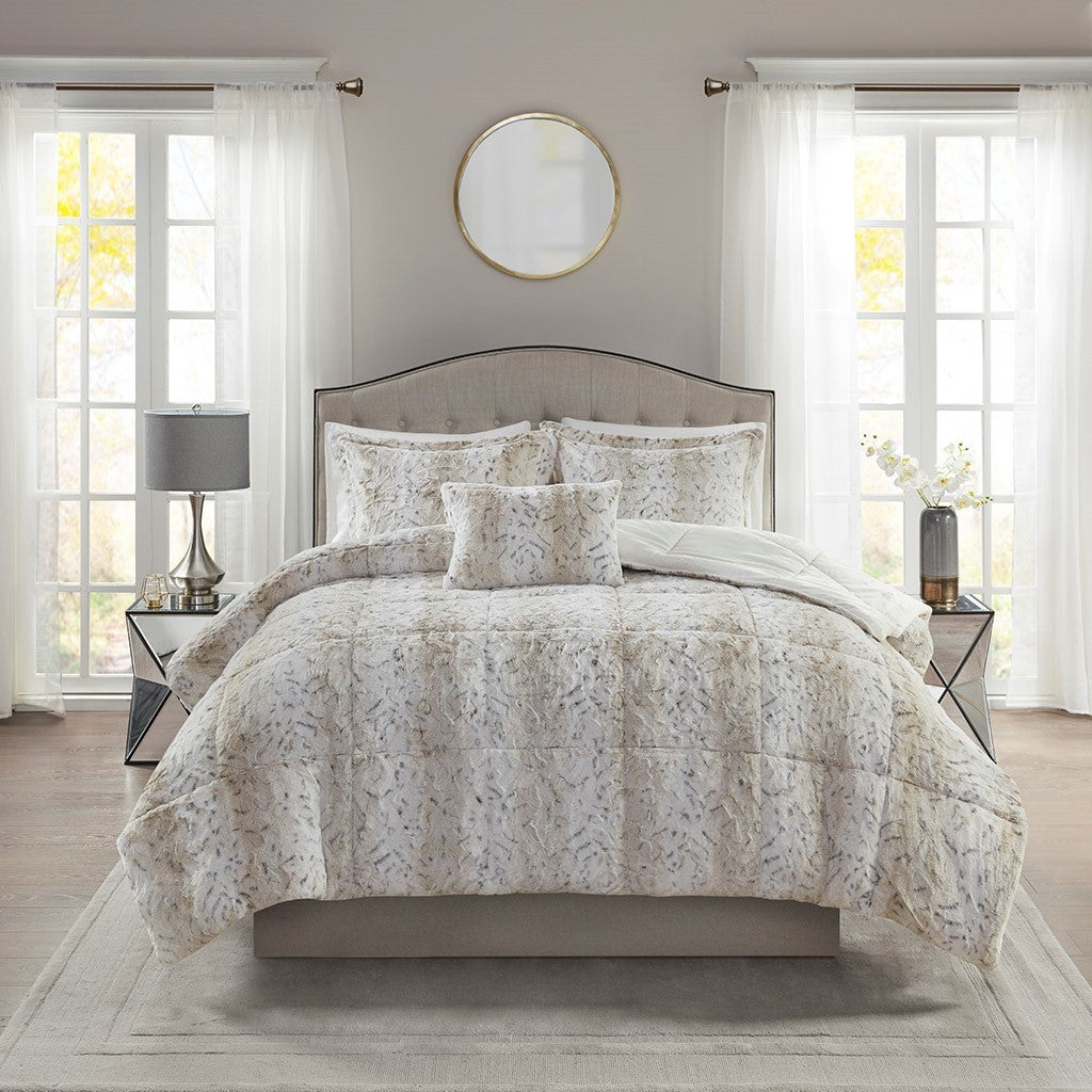 King 4PC Faux Fur Comforter Set with Reversible Faux Mink Backing