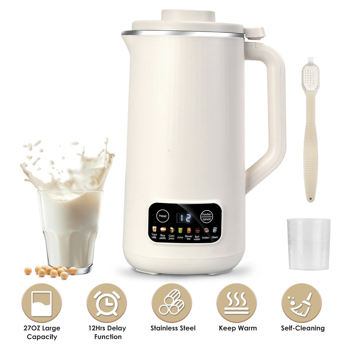 27OZ Nut Milk Maker with 12Hours Delay Function Self-Cleaning Keep Warm Automatic Soy Milk Maker Machine for Homemade Soya Milk Rice Paste Juice Corn