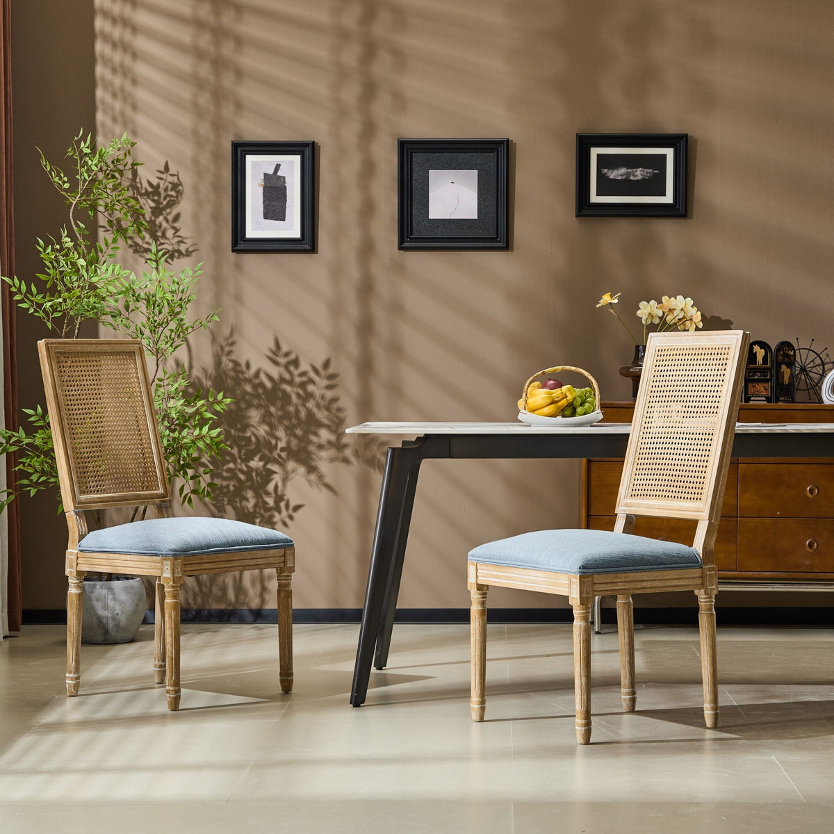 French Country Dining Chair with Rectangular Cane Backrest and Upholstered Seat