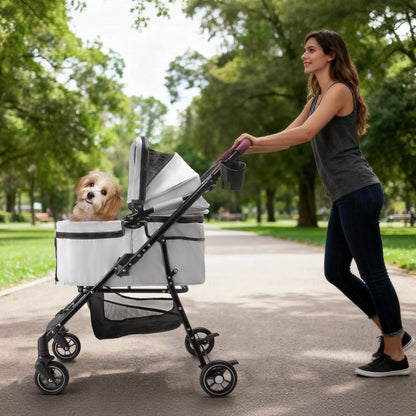 Foldable 4-Wheel Pet Stroller with Adjustable Canopy - Grey