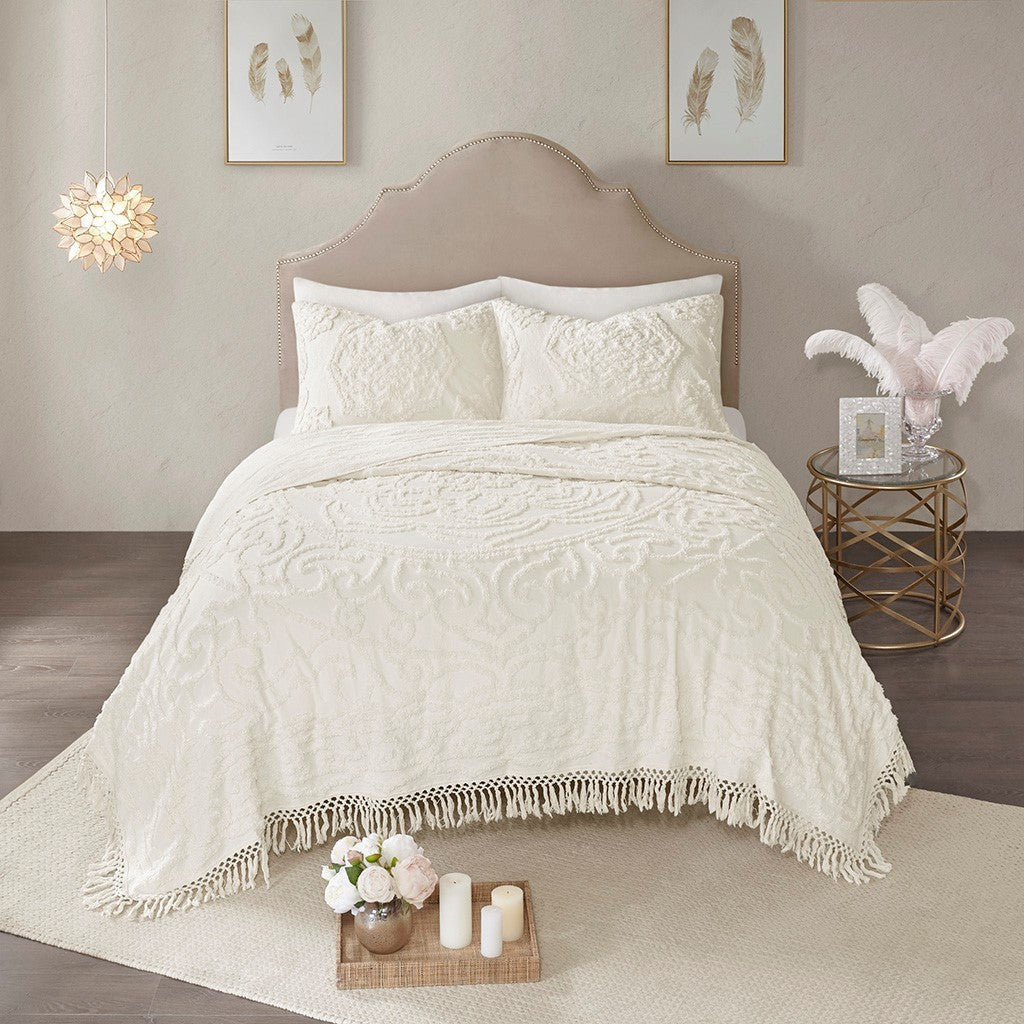 Tufted Cotton Chenille Medallion Fringe Coverlet Mini Set - Off-White