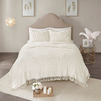 Tufted Cotton Chenille Medallion Fringe Coverlet Mini Set - Off-White